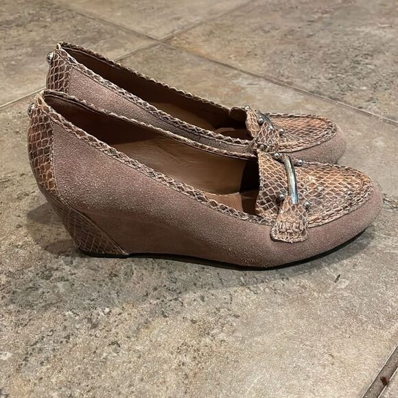 Donald J Pliner Tan Suede Wedge Shoes Womens Size 8.5N Snakeskin Leather - Picture 8 of 12